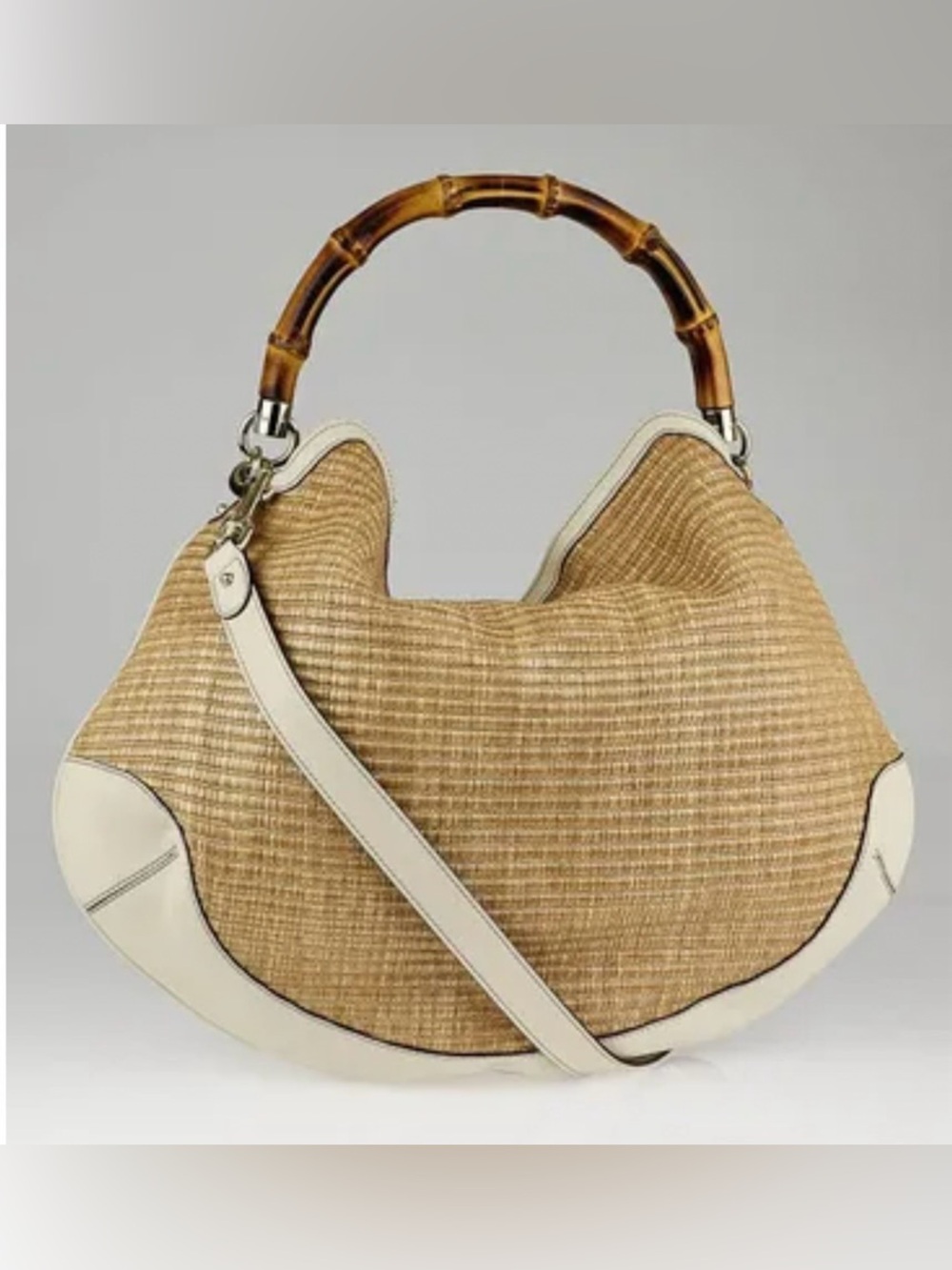 Gucci/Woven Tan & White Leather/Bamboo-Handle/Shoulder Bag/Vintage! Mildly Used!